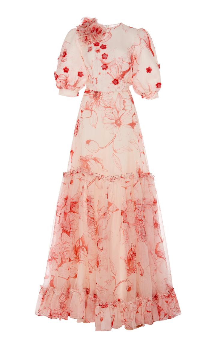 Moda Operandi Costarellos Flower-embellished Printed Organza Tiered Dress With Blous