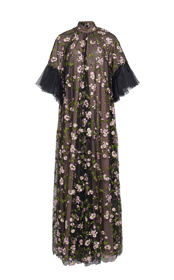 Giambattista Valli Floral Embraided Silk Chiffon Trapeze Gown