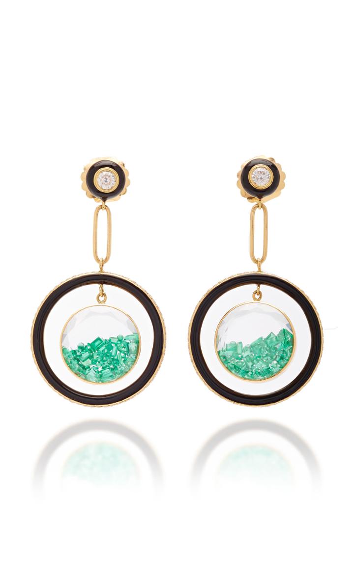 Moda Operandi Moritz Glik 18k Yellow Gold Diamond And Emerald Enamel Halo Earrings