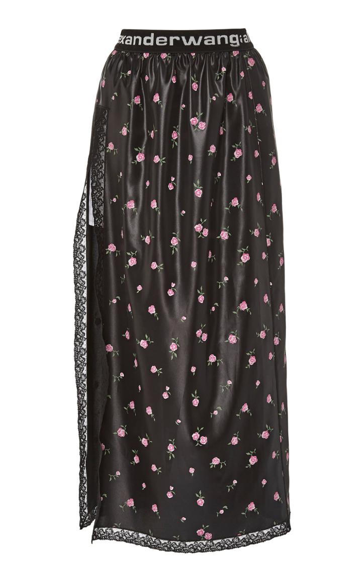 Alexander Wang Intarsia-trimmed Floral-print Satin Midi Skirt