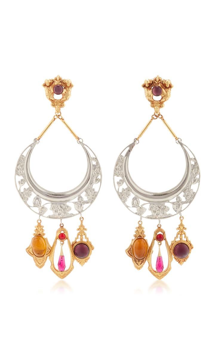 Rodarte Nickel Crescent Earrings With Amber Amethyst And Ruby Glass Cabochons