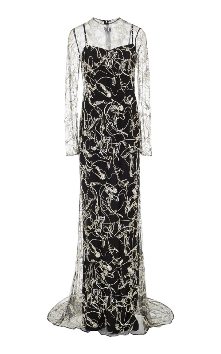 Elizabeth Kennedy Fitted Long Sleeve Gown With Full Horse Embroidery