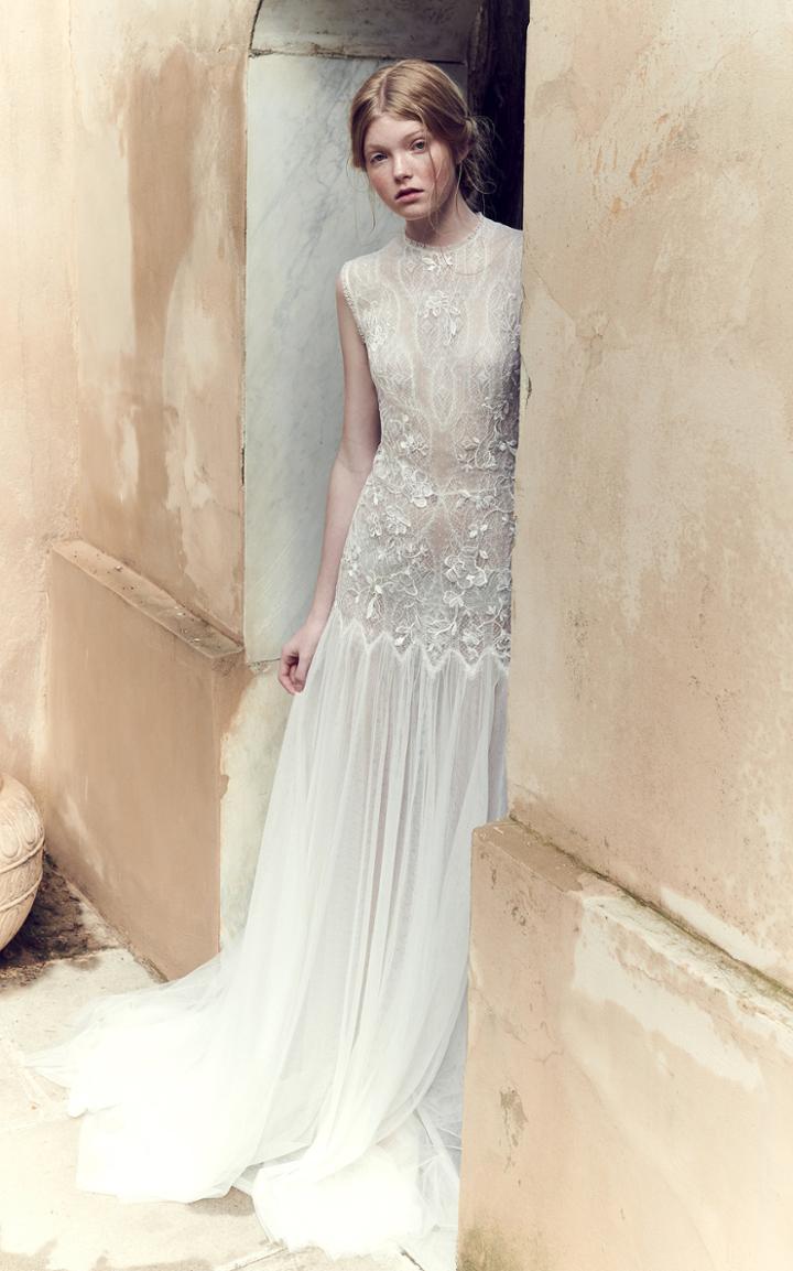 Costarellos Bridal Low-waist Mesh Lace Bodice And Tulle Gown