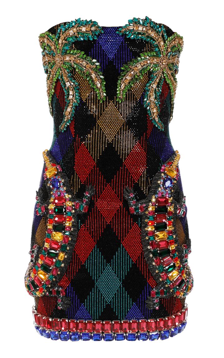 Moda Operandi Balmain Crystal-embellished Gingham Strapless Mini Dress