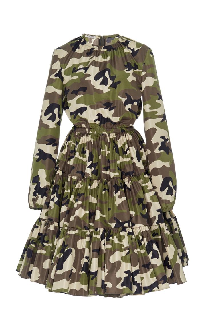 Miu Miu Camouflage Tiered Ruffle Long Sleeve Dress