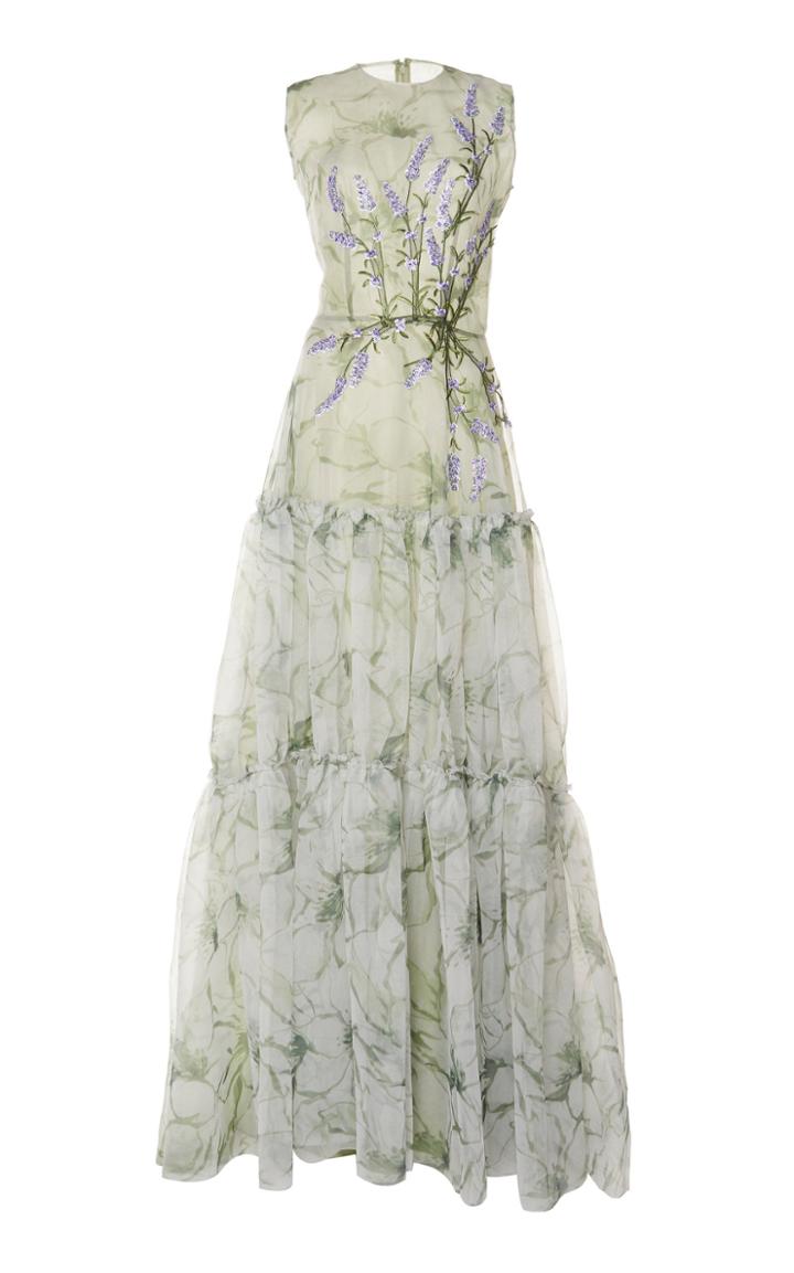 Costarellos Tiered Printed Organza Gown