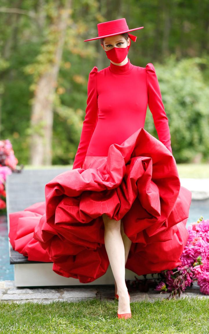 Moda Operandi Christian Siriano Mock Neck Puff Sleeve High Low Hem Gown