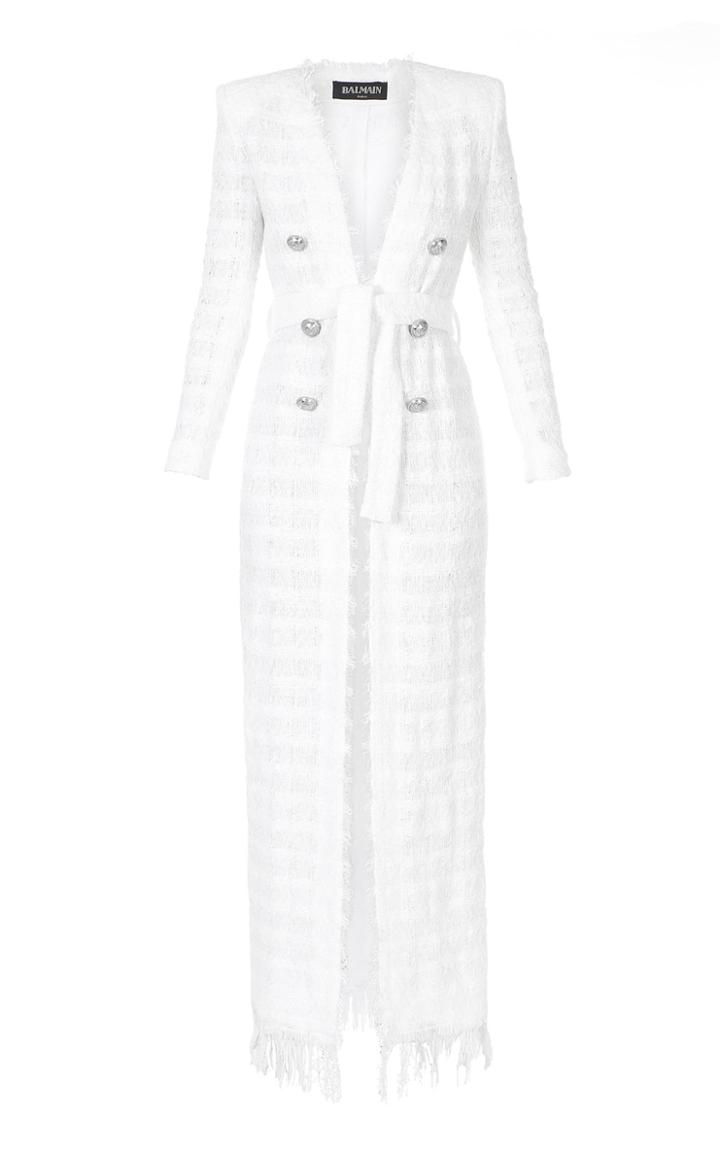 Balmain Long Belted Fringed Tweed Cotton-blend Cardigan