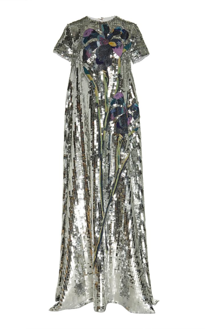 Carolina Herrera Sequin Embellished Short Sleeve Silk Column Gown