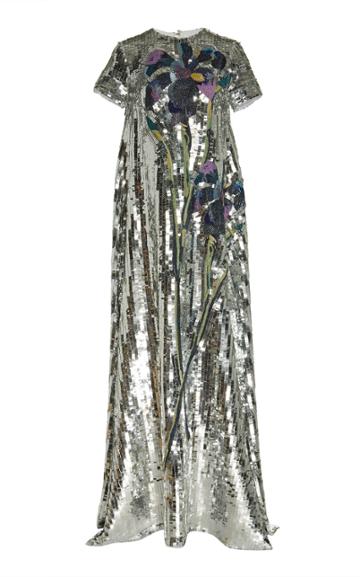 Carolina Herrera Sequin Embellished Short Sleeve Silk Column Gown