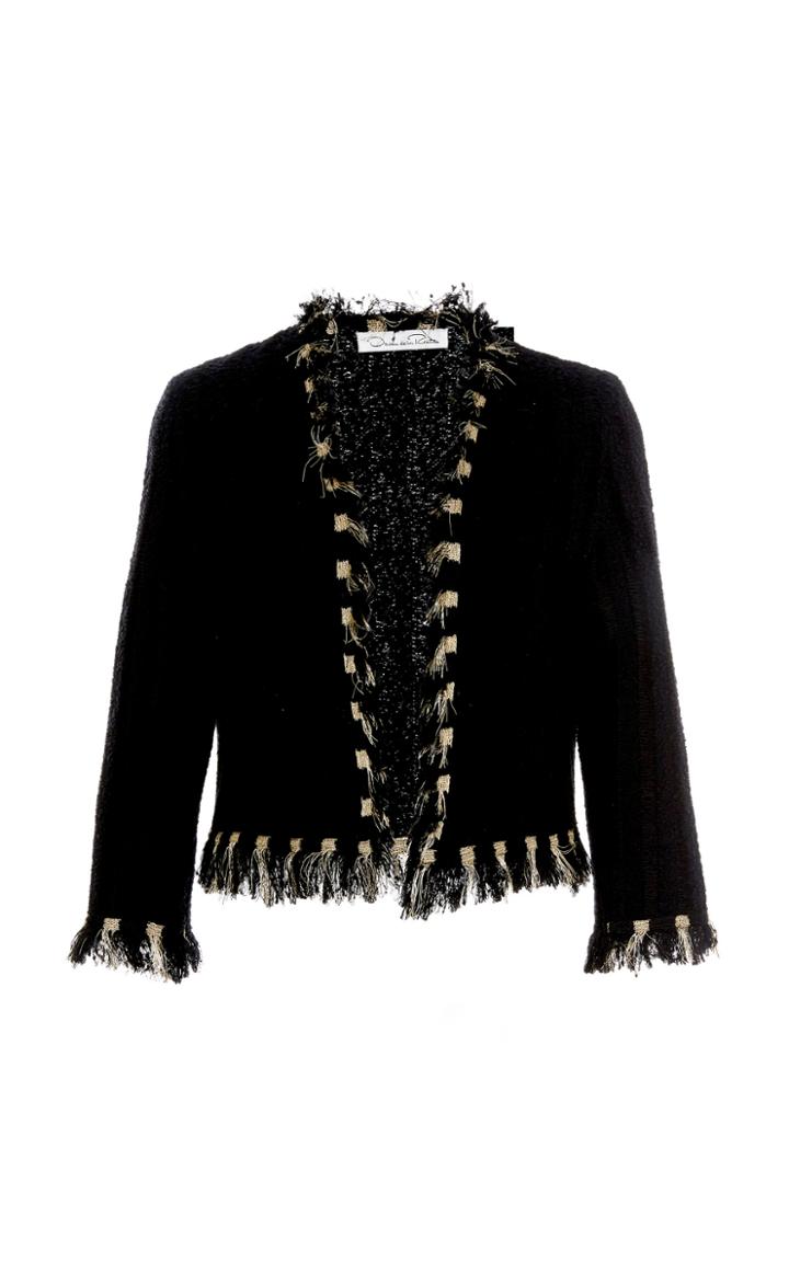 Oscar De La Renta Cropped Tweed Fringe Jacket