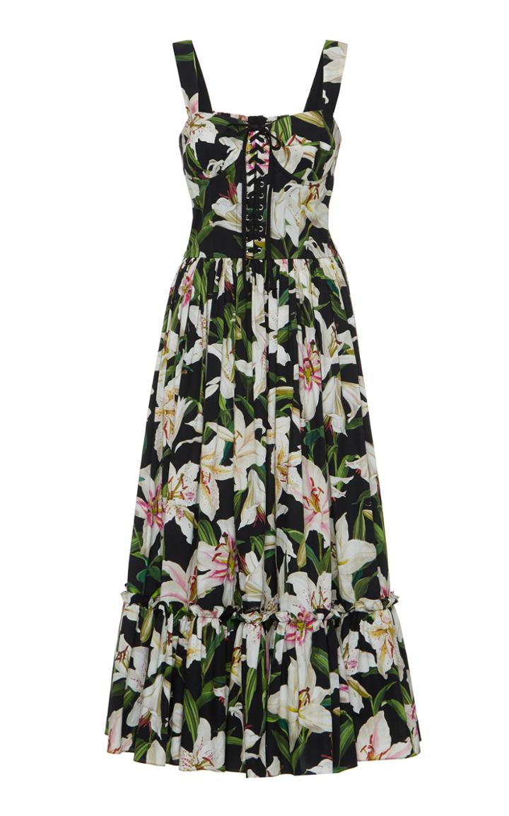 Dolce & Gabbana Lace-up Floral-print Cotton-poplin Midi Dress
