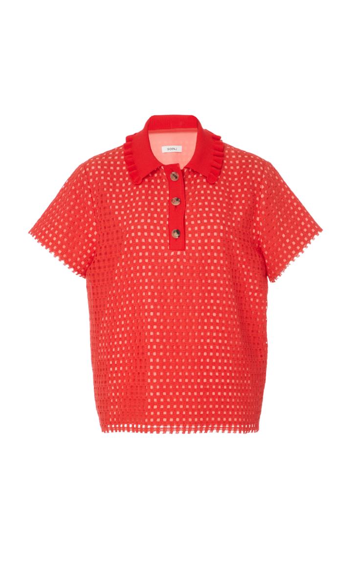 Goen.j Grid Lace Pique Top With Ruffled Knit Collar