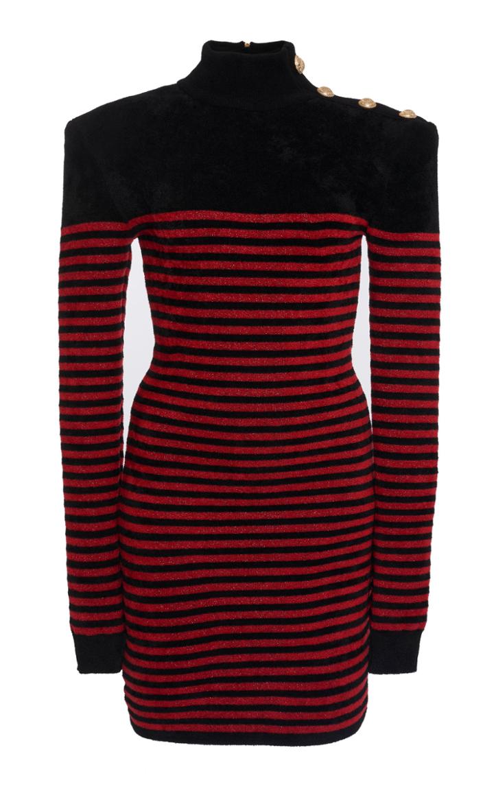 Balmain High-neck Striped Velvet Dress