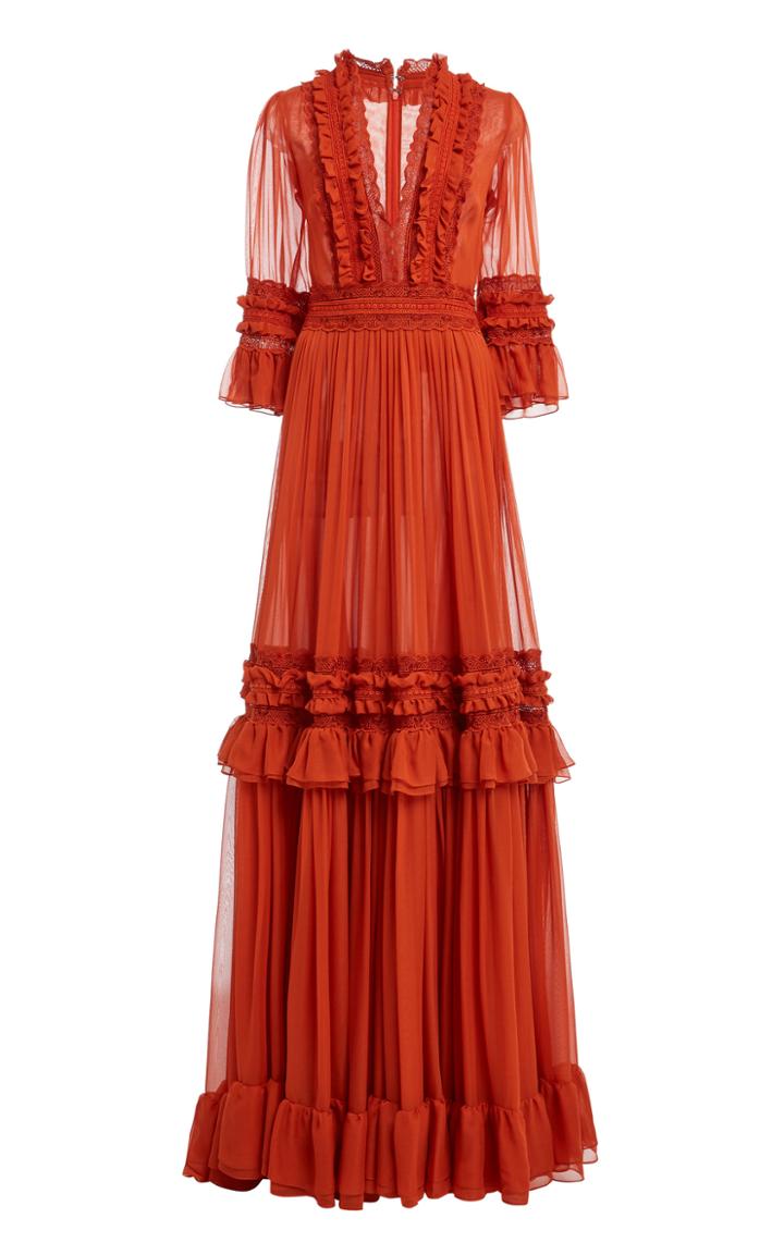 Moda Operandi Costarellos Shay Ruffled Lace-trimmed Silk Chiffon Gown