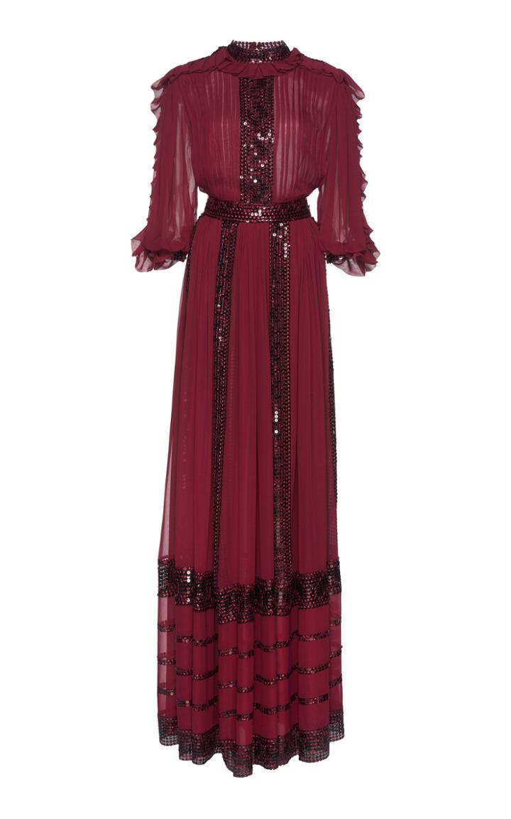 Costarellos Sequin Panel Chiffon Maxi Dress