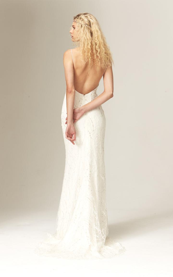 Savannah Miller Mariel Fitted V Neck Embroidered Crepe Gown With Train