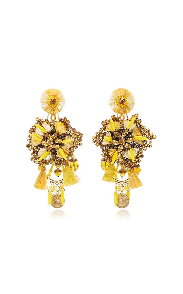 Ranjana Khan 14k Gold-plated Raffia Leather Crystals And Antique Gold Coins Drop Earrings