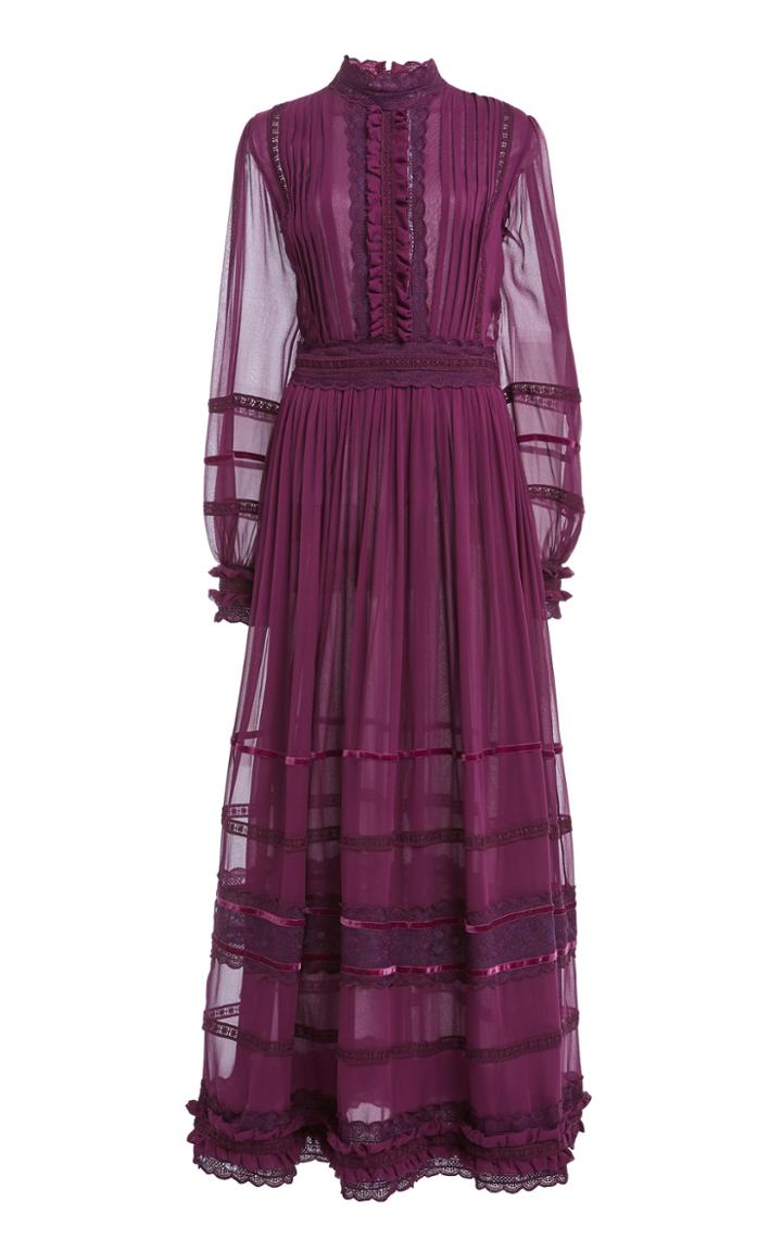 Moda Operandi Costarellos Gwyneth Lace-trimmed Pleated Silk Chiffon Maxi Dress