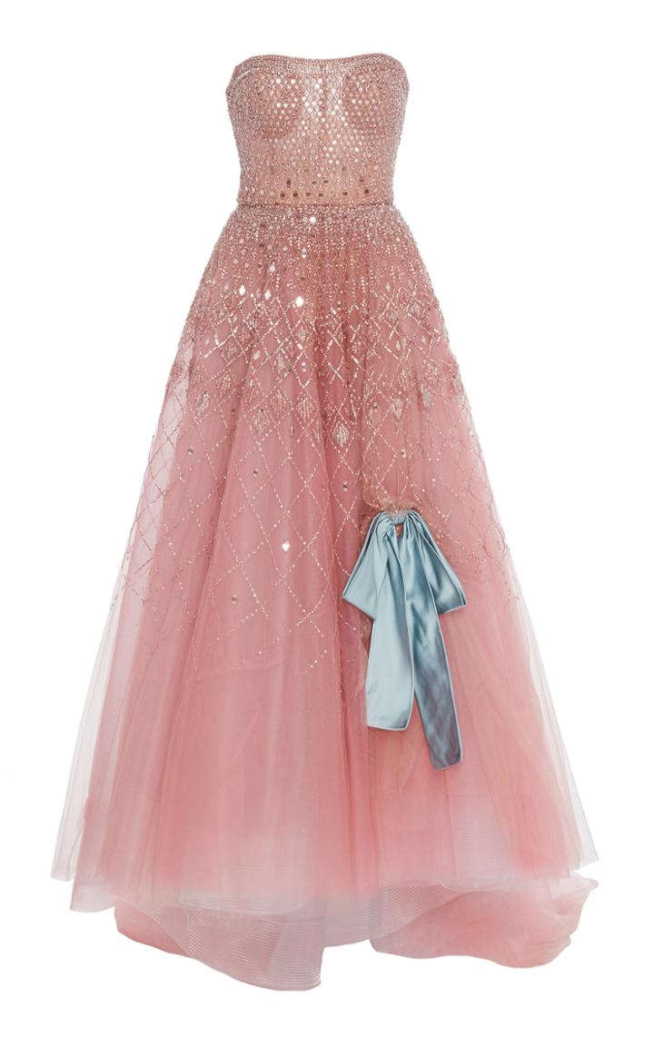 Reem Acra Geometric Embroidered Strapless Tea Length Dress