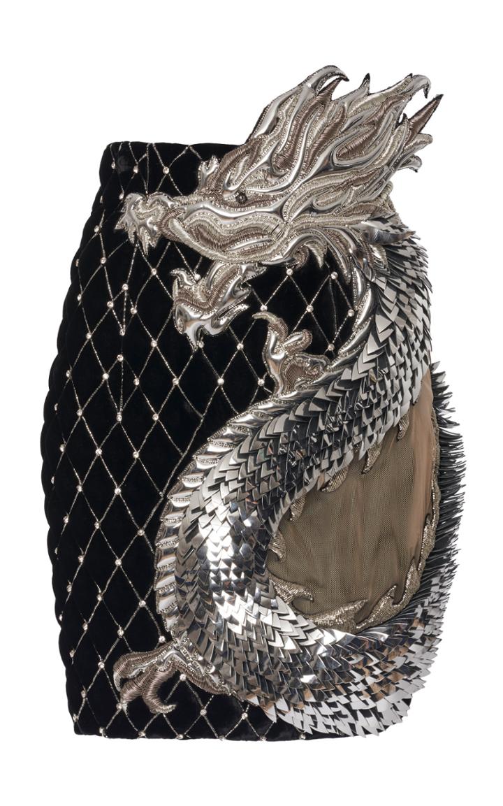 Balmain Dragon Embroidered Quilted Velvet Skirt