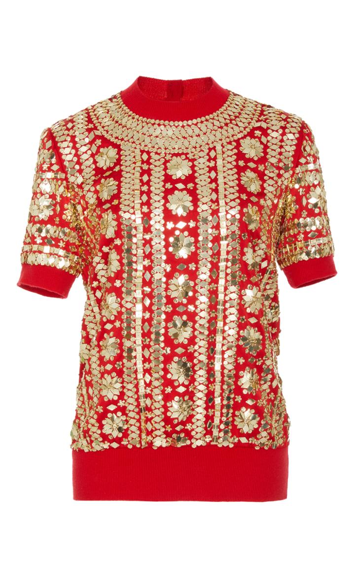 Naeem Khan Embellished Short Sleeve Top