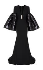 Alex Perry Veronica Satin Crepe Long Sleeve Sequin V Gown