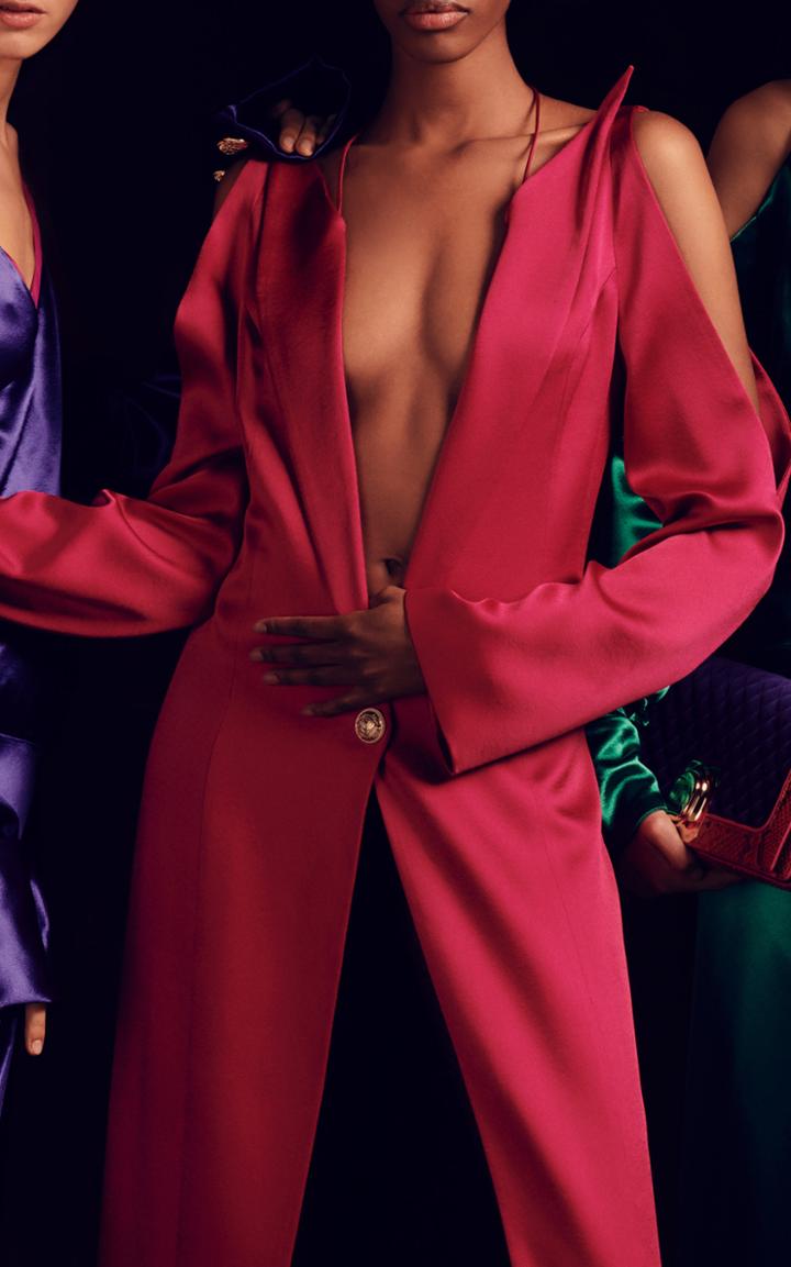 Balmain Cold Shoulder Deep V Satin Dress