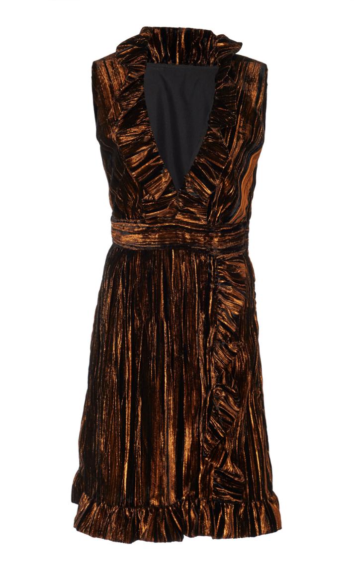 Anna Sui Ruffled Wrap-effect Crinkle Metallic Velvet Dress