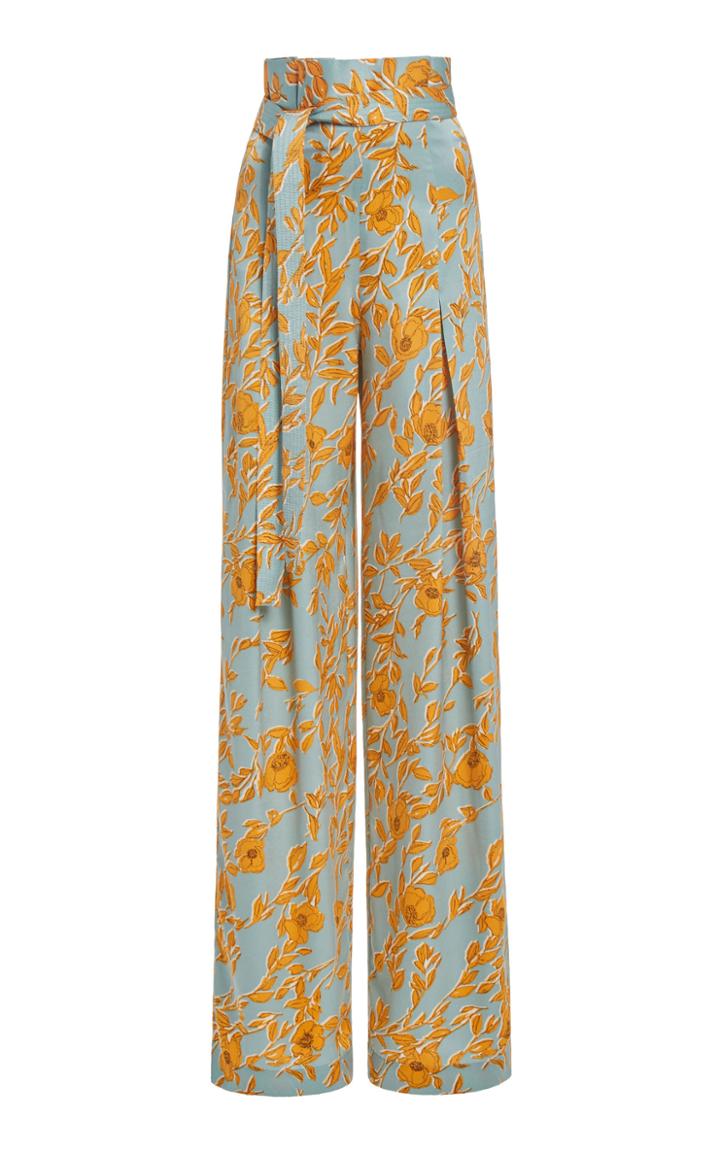 Alexis Olan Belted Floral-print Satin Wide-leg Pants