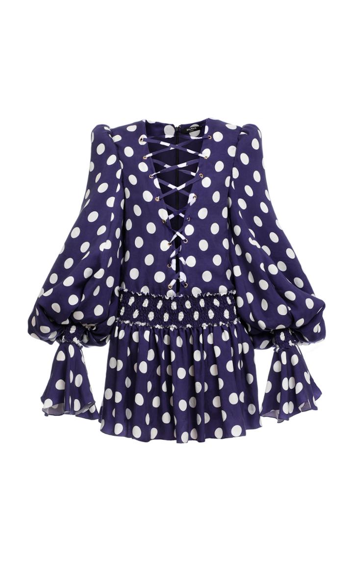 Moda Operandi Balmain Lace-up Polka-dot Crepe Mini Dress