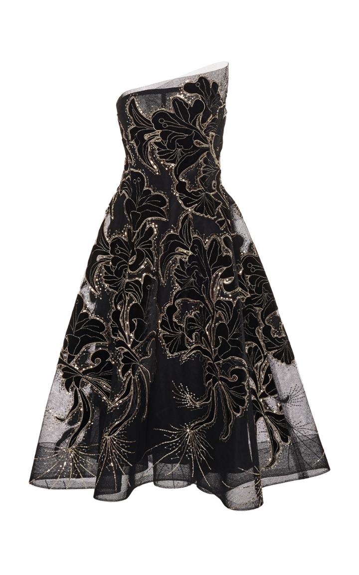 Monique Lhuillier Strapless Tea Length Dress With Asymmetric Neckline
