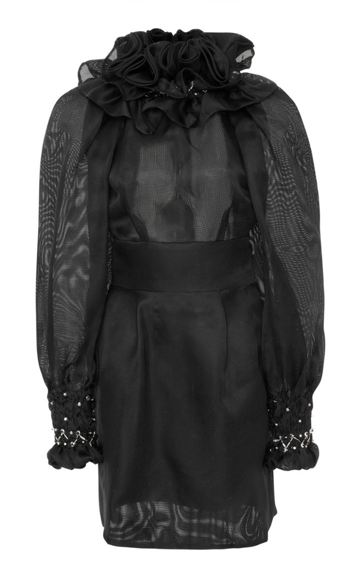 Monique Lhuillier Embroidered High Ruffle Neck Dress