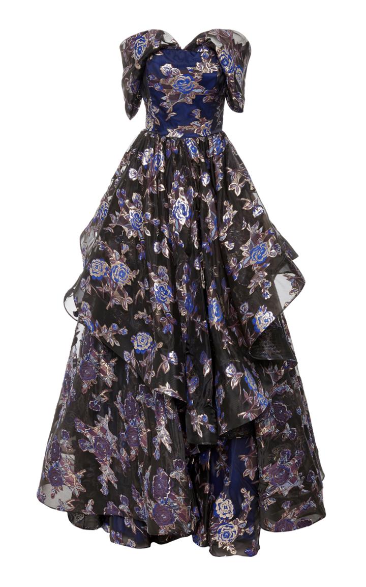 Christian Siriano Metallic Floral Organza Tiered Gown