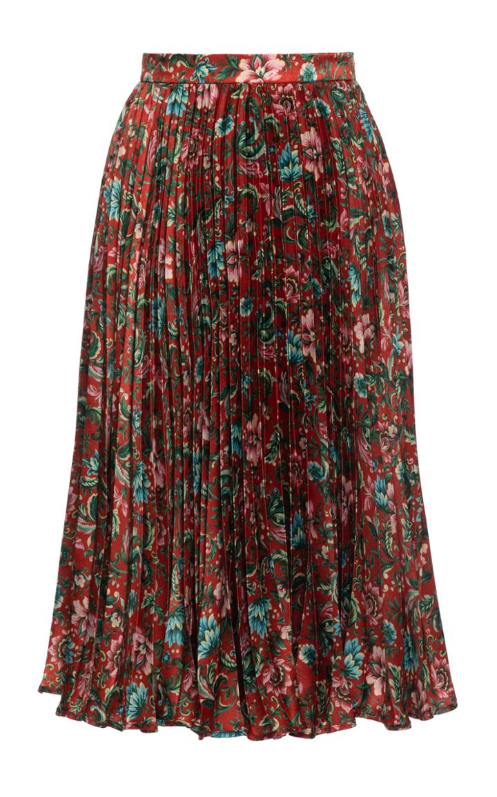 Moda Operandi Lena Hoschek Aura Pleated Floral Satin Midi Skirt