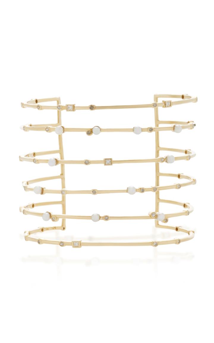 Nancy Newberg Yellow Gold 6 Row Cuff With Pearls And Diamonds