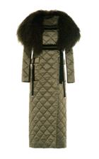 David Koma Mongolian Fur Collared Long Satin Coat