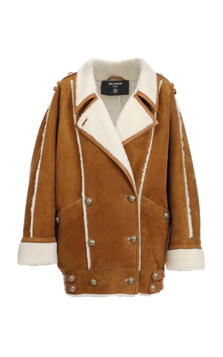 Balmain Shearling-trimmed Suede Coat