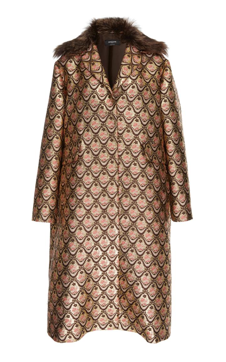 Rochas Fur Trimmed Metallic Jacquard Coat