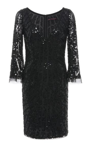 Joanna Mastroianni V-neck 3/4 Illusion Sleeves Embroidered Dress