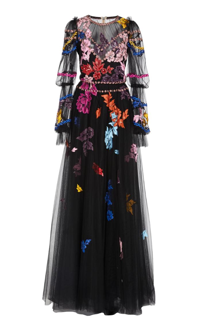 Monique Lhuillier Embroidered Puff Sleeve Gown