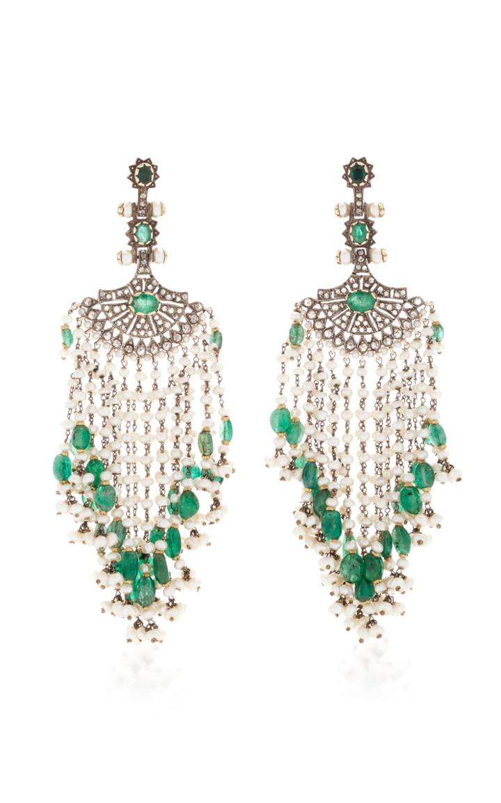 Sanjay Kasliwal Indorussian Pearl And Emerald Fan Earrings