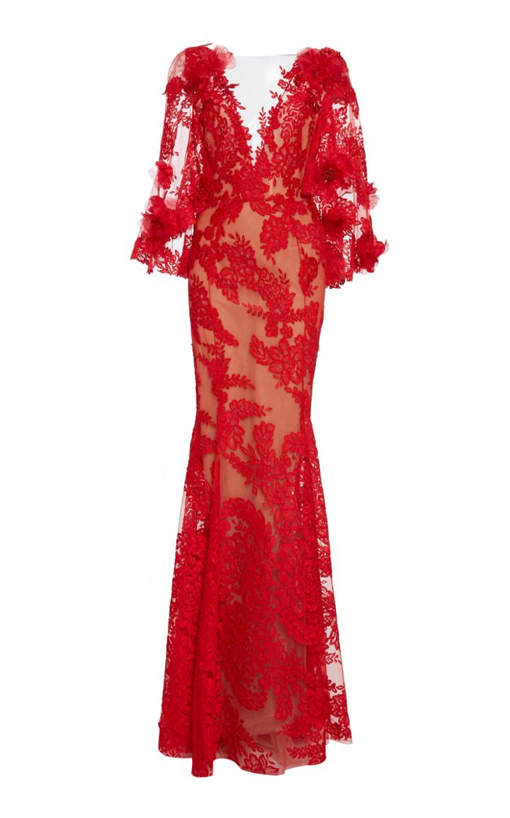 Marchesa Flutter Sleeve Lace Gown