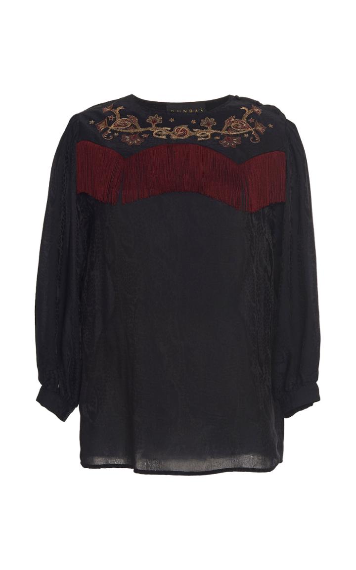 Dundas Embroidered Fringed Satin Top