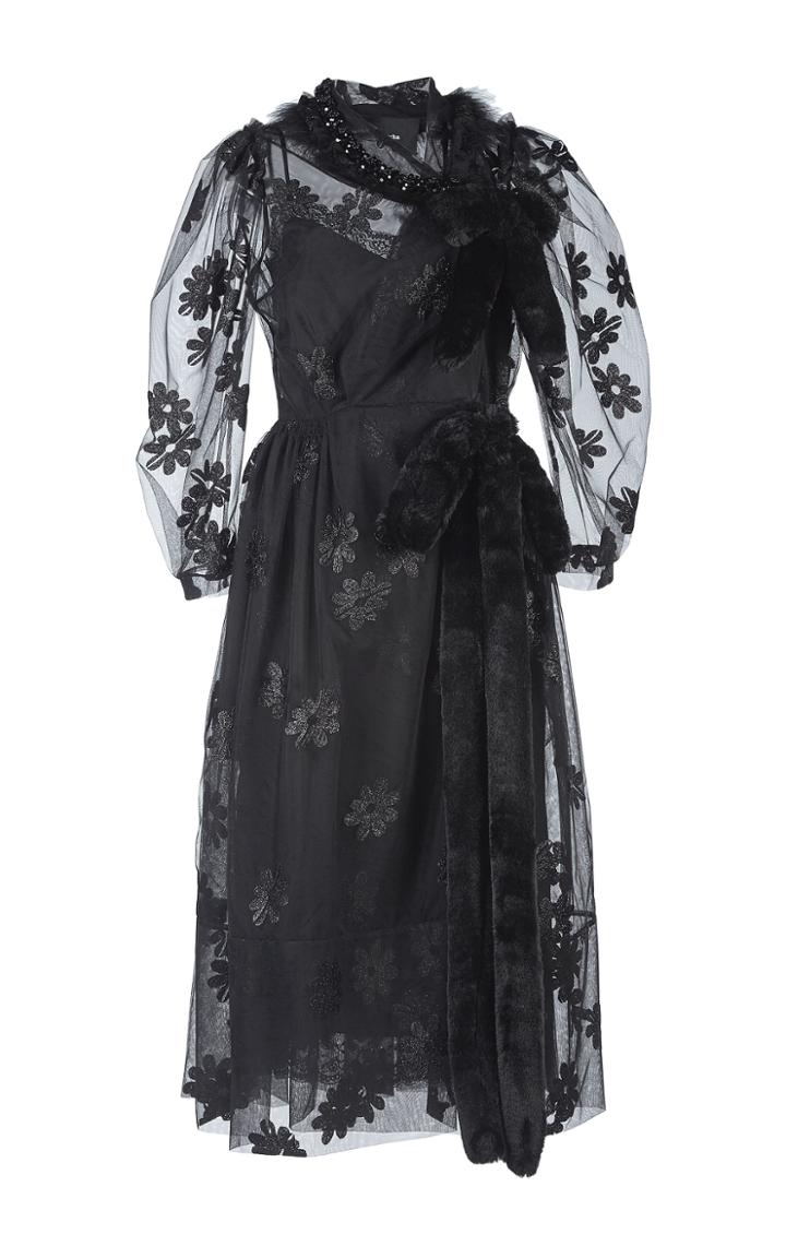 Simone Rocha Bell Sleeve Wrap Dress With Fur Trim