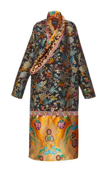 Etro Embroidered Robe Coat With Fur Trim