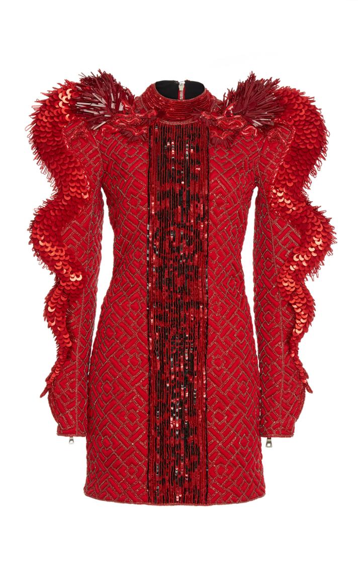 Balmain Mock Neck Sequin Silk Dress