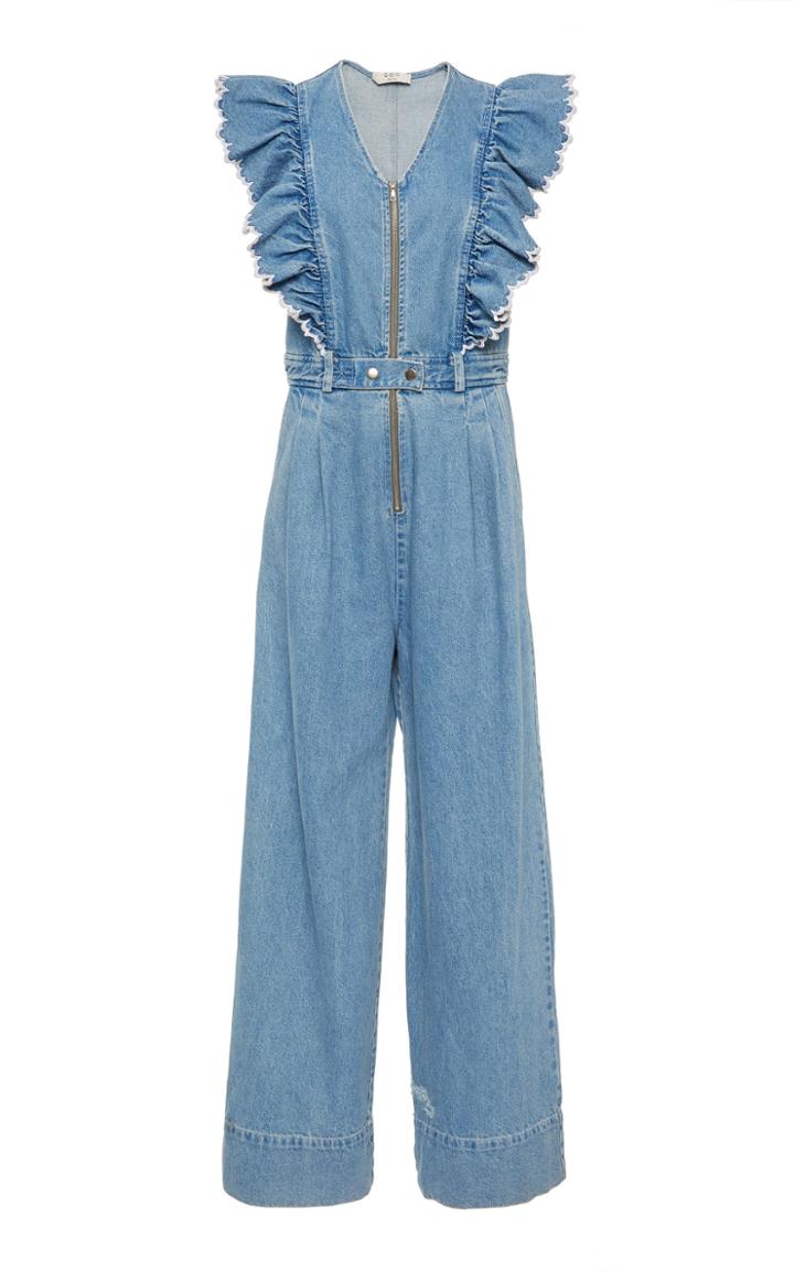 Moda Operandi Sea Mara Ruffled Denim Wide-leg Jumpsuit Size: 00