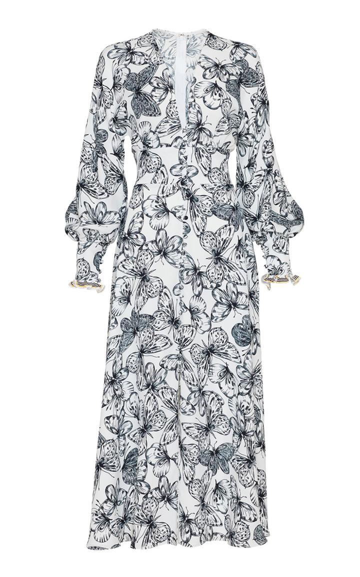 Moda Operandi Lela Rose Butterfly Printed Georgette V-neck Dress