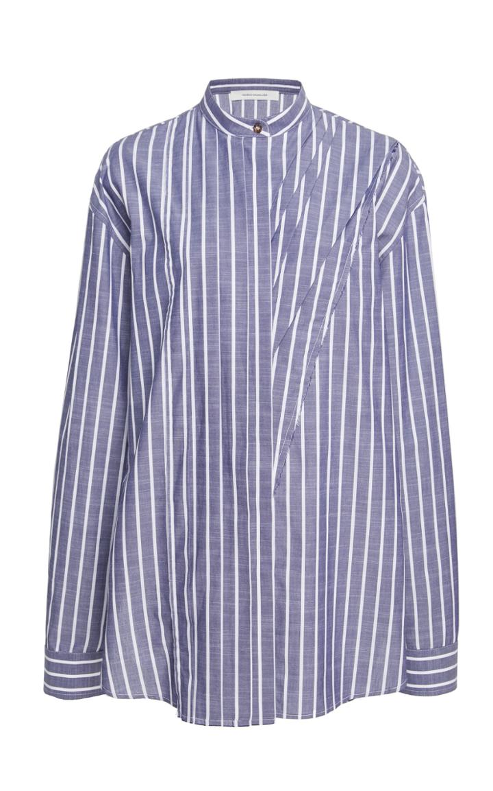 Cdric Charlier Band Collar Striped Cotton Blouse